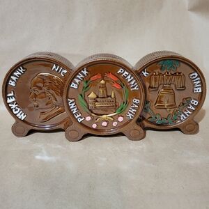 Rare Vintage Large Trimont Ware Made In Japan Triple Coin Bank USA Theme